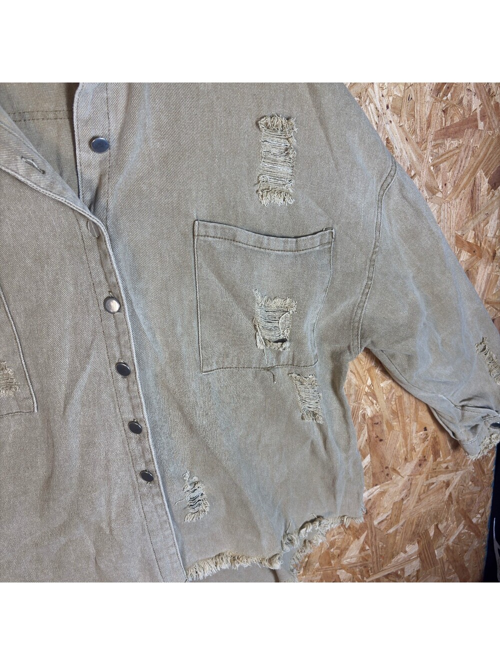 Beige Pol Distressed Button Front Shacket - Picture 2 of 8
